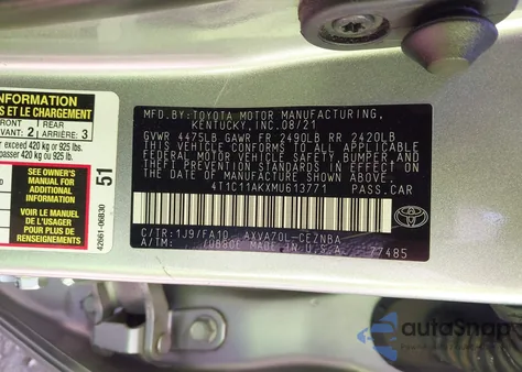 2021 Toyota Camry Le z USA, uszkodzony, nr VIN 4T1C11AKXMU613771